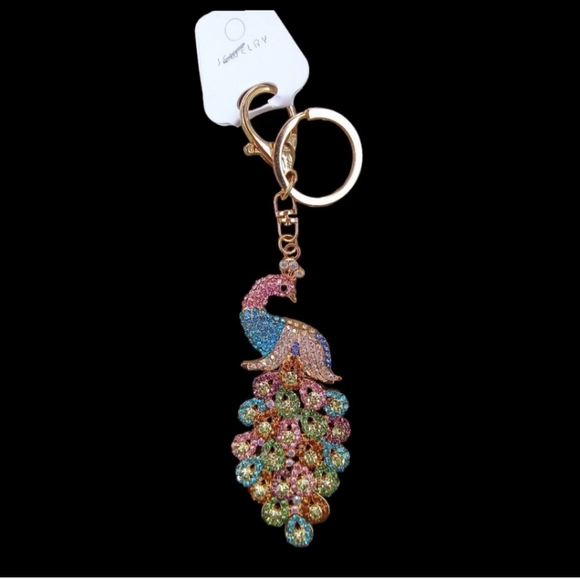 Peacock NEW Bag Charm Key Ring KeyHolder Approx Measure. 6in X 2in Rhinestones - Picture 6 of 8